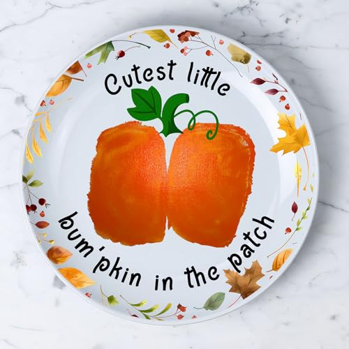 Image of Cutest Little Pumpkin in the Patch DIY Baby's First Halloween Ceramic Novelty Plates Gifts for Babies, Bottom Butt Print Crafts, Project Memory Keepsake Milestone, Halloween Decor 8'', Toddler Craft