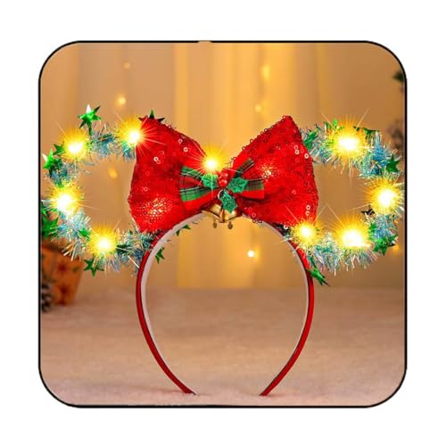 Catery Christmas Mouse Ears Headband Light Up Christmas Bow Headband for Women (Green)