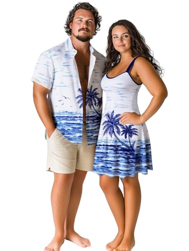 ROSE GAL Rosegal Matchable Couple Hawaiian Coconut Tree Print Shirt or Plus Size Knee Length Fit and Flare Tank Dress