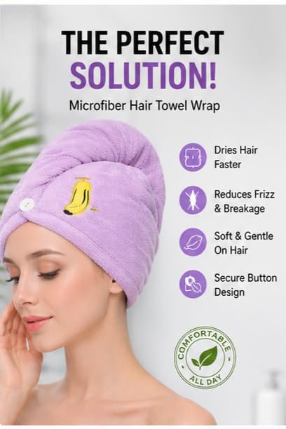 Image of RK Microfibre Hair Drying Towel Wrap, Quick Drying, Soft and Absorbent, Cute Embroidered Design, Button Closure (2)