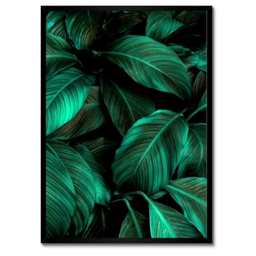 Poster feuilles turquoise 50x70 decoration murale cadre blanc moderne