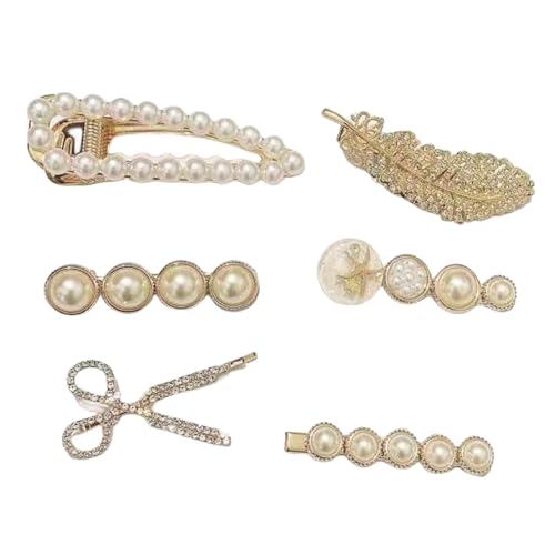 6Pcs Pearl Hair Clips Rhinestone Hairpin Clip Bangs Side Clip for Women and Girls Bridesmaid Elegant Gold Alligator Hair Clips Crystal Scissor Bobby Hair Pin Diamond Feather Hair Accessories