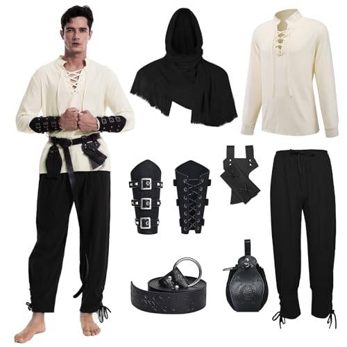 Ensemble de costume médiéval de la Renaissance pour homme, costume de viking, chemise à lacets et pantalon avec accessoires, costume d'Halloween pour...