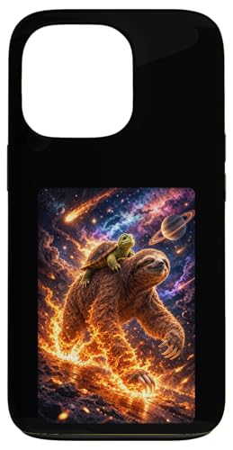 Funny Turtle Riding Sloth in Cosmic Galaxy Space UFO �X�}�z�P�[�X iPhone 13 Pro �p