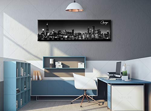 Image of DJSYLIFE Black & White Chicago Skyline Canvas Wall Art 13.8 inch x 47.3 inch | Fade-Resistant Panoramic Skyline Print, Ready to Hang for Bedroom, Office, Living Room Decoration
