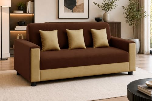 Image of Modern 3 Seater Sofa | Contemporary Upholstered Couch | Premium Cushioned Seating | Stylish Armrest Design | Comfortable Sofa for Living Room, Bedroom & Office - Brown + Beige Color