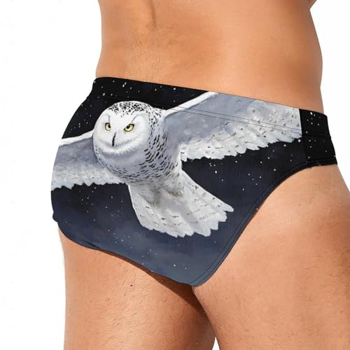 Flying Snowy Owl Printed Swim Briefs for Men Sexy Bikini Swimwear Elastic Beach Trunks Bathing Suit4