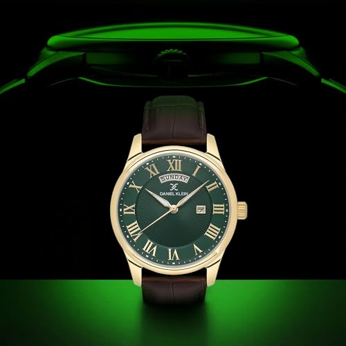 Image of Daniel Klein Analog Green Round Dial Gold Case Brown Leather Strap Day Date with Roman Accents Water-Resistant Wrist Watch for Men Boys DK.1.13819-4