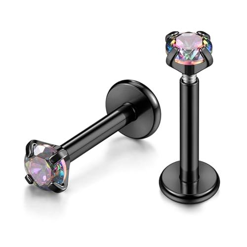 Zysta 16g 316L Stainless Steel Labret Monroe Lip Ring/Tragus/Helix Piercing Jewellery Flat Back Earrings, 3mm Cubic Zirconia, 8mm Bar Length (Black)