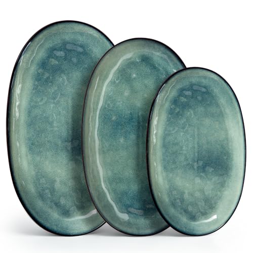 vancasso Ceramic Serving Platters Set of 3, Oval 16/14.7/13.5 Inch Stoneware Serving Dishes for Entertaining, Microwave Safe Serving Trays for Food, Turkey, Cheese, Party, Reactive Glaze Green