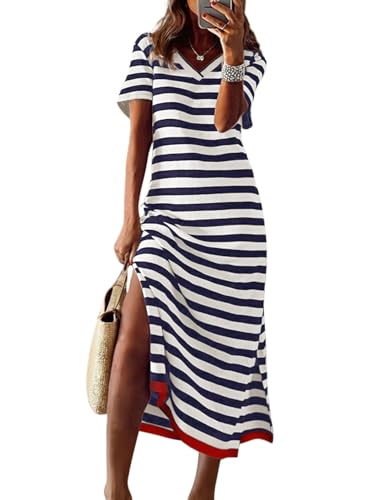 Image of Dokotoo Womens 2026 Short Sleeve Maxi Dress Striped Split T Shirt Dress | V Neck,Casual Trendy,Vacation Cruise Outfits,Resort Wear,Long Dresses,Summer Spring