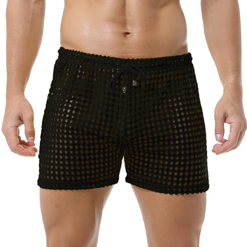 DTODWW Mens Fishnet Underwear Boxer Shorts Mesh Trunks See Through Shorts with Drawstring Nightwear Shorts2