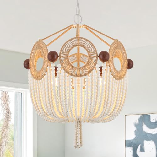 Boho Wood Beaded Rattan Pendant Light