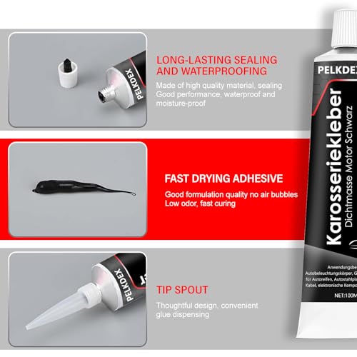 Karosseriekleber Schwarz, 100 ml Scheibenkleber Karosseriedichtmasse Auto, Schnelle Aushärtung, Hohe Temperaturbeständigkeit, Geeignet für Autotüren, Autofenster, Autodächer