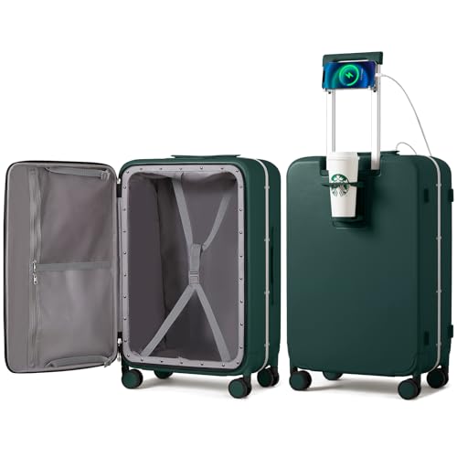 mixi Large Checked Luggage with Cup Phone Holder and Charger Hard Shell Suitcases with Spinner Wheels, 26 Inch Blackish Green by mixi - Used condition - CA$144.77