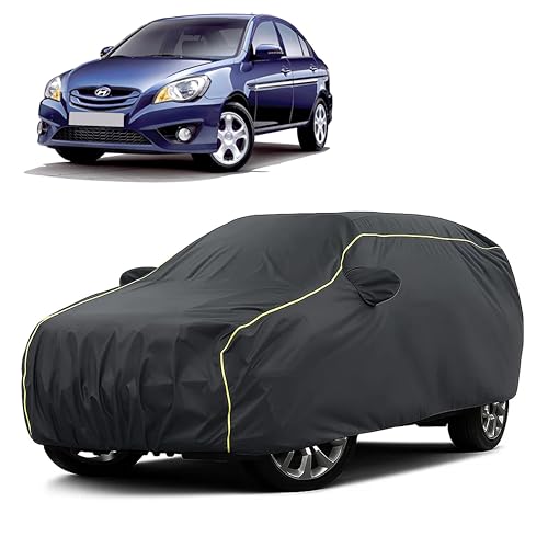 Image of Sulfar 100% Water Resistant Car Body Cover Compatible with Mirror for Hyundai Verna Transform (Triple Stitched, Full Bottom Elastic, Dark Grey Taffeta with Yellow Piping)