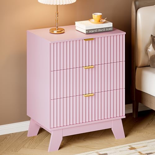 Image of BORNOON Fluted 3 Drawer Dresser, 30.3 inch Tall Compact Modern Boho Chest of Drawers, Wooden Storage Cabinet for Bedroom, Living Room, Entryway, Curved Profile Design