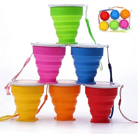 6 Pieces Collapsible Travel Cup 6oz Multicolor Silicone Foldable Drinking Mug with Lid Multi-Function Retractable Cup for Hiking Camping Picnic Cover