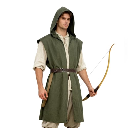 VZQI Men's Medieval Hooded Surcoat with Belt, Sleeveless Tunic, Green S by VZQI - Used condition - US$11.51