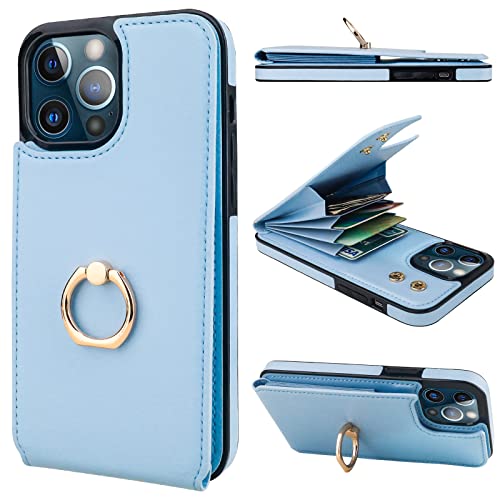 Folosu Compatible with iPhone 13 Pro Max Case Wallet with Card Holder, 360°Rotation Finger Ring Holder Kickstand Protective RFID Blocking PU Leather Double Buttons Flip Shockproof Cover 6.7 Inch Blue