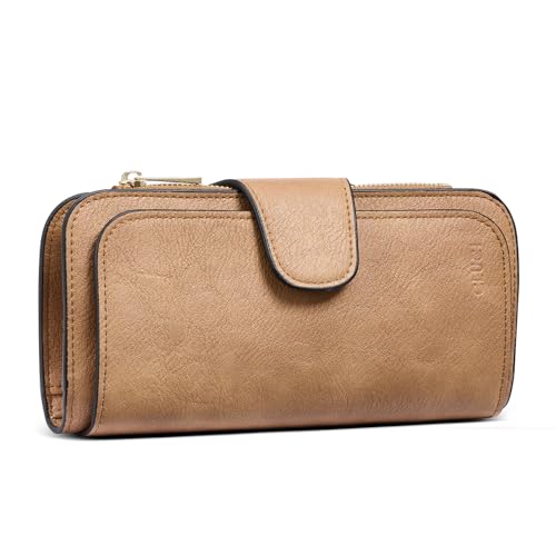 Image of CLUCI Wallet For Women PU Leather RFID Blocking Womens Wallet Bifold Card Holder with ID Window Gifts for Women Birthday, Camel, 7.68 x 1.18 x 3.94 inches, Fashion
