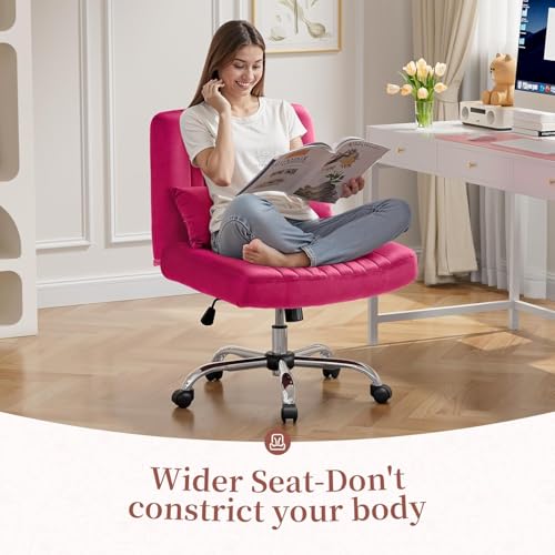 Image of Velvet Criss Cross Desk Chair with Wheels, Luxury Cross Legged Office Office, Swivel Wide Seat Vanity Chair, Armless Adjustable Height Gaming Chair Gift, Dusty (2, Barbie Pink)