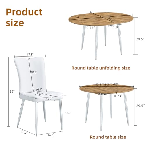 Image of Extendable Round Dining Table Set for 4, 42-54 inch Expandable Dining Table with 4 Upholstered Chairs, Engineered Wood Top, Space-Saving Round Kitchen & Dining Room Table Set(1 Table + 4 White Chairs)