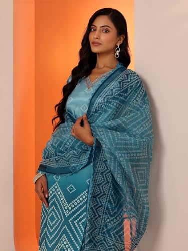 Image of Libas Blue Printed Chinon Straight fit Kurta set for Women | daily wear suit