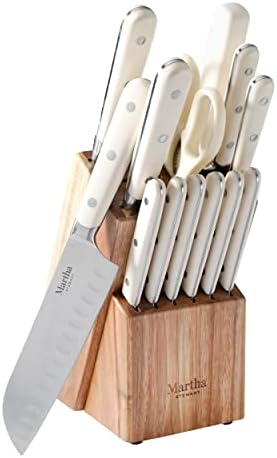 Martha Stewart Ruxton 14 Piece High Carbon Stainless Steel Cutlery Knife Block Set w/ABS Triple Riveted Forged Handle Ashwood Block - Linen