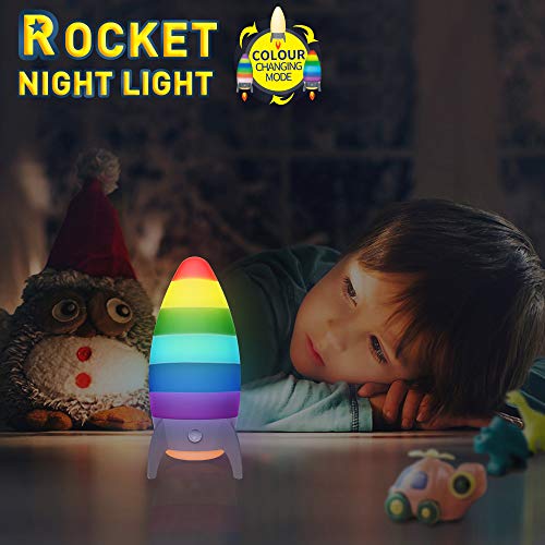 Rocket Night Lights for Kids with 7 RGB Color-Changing Motion Sensor, Warm White Spaceship Bedside Lamp Holiday Xmas Gifts for Baby Room, Bedroom, Hallway