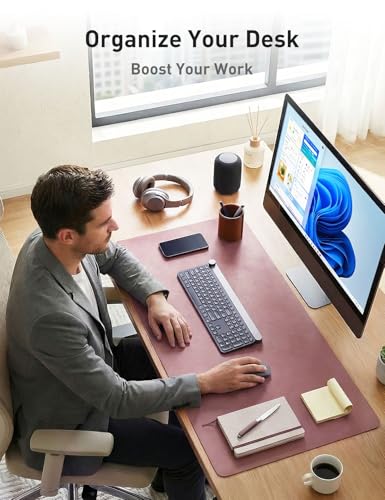 Image of Aothia Faux Leather Desk Mat - Non-Slip PU Leather Desk Blotter, Waterproof Writing Surface, Large Desk Pad for Office & Home (Dark Pink, 55 inch x 24 inch)