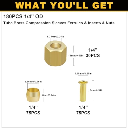 Image of Siptenk 180PCS 1 /4 inch Brass Compression Sleeves Ferrules & Inserts & Nuts