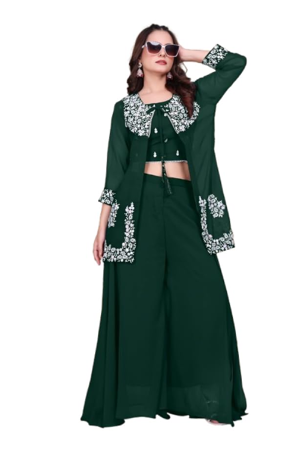 Women Shrug Co Ord Set for Women Crop Top Palazzo Pants with Embroidered Jacket | Indo Western Ethnic Co-Ord Set for Wedding-picture-57