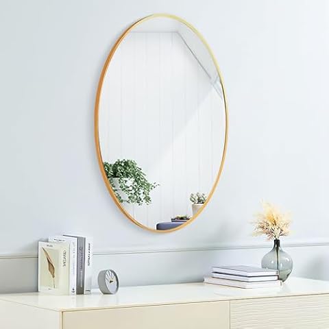 FINEWF 30x20 Oval Mirror Wall Mounted Aluminum Alloy Metal Frame HD Glass Dressing Make-up for Bathroom Entryway Bedroom Living Room 30 20 inch Gold Cover