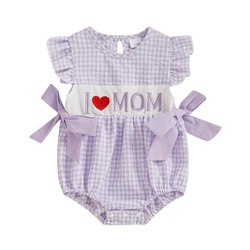 MoZiKQin Baby Girl Mothers Day Outfit Newborn Heart Plaid Bubble Romper Bowknot Ruffle Bodysuit Smocked Baby Clothes (Purple Love Mom, 0-3 Months)