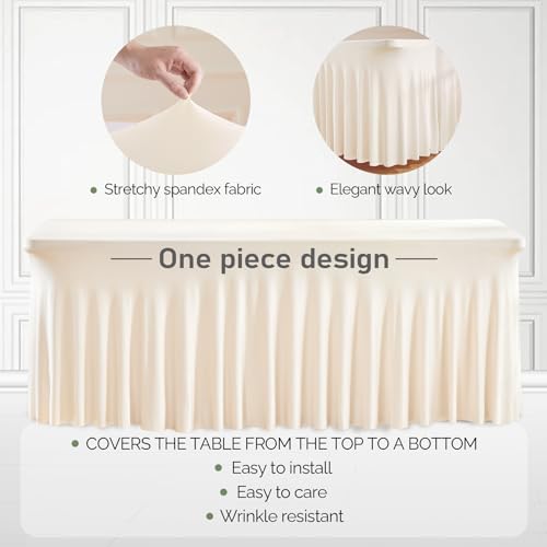 2 Packs Ivory Table Clothes for 6 Foot Rectangle Tables, One-Piece Wrinkle Resistant Stretch Spandex Table Covers with Skirt for Event Banquet Wedding Birthday Party - Image 5