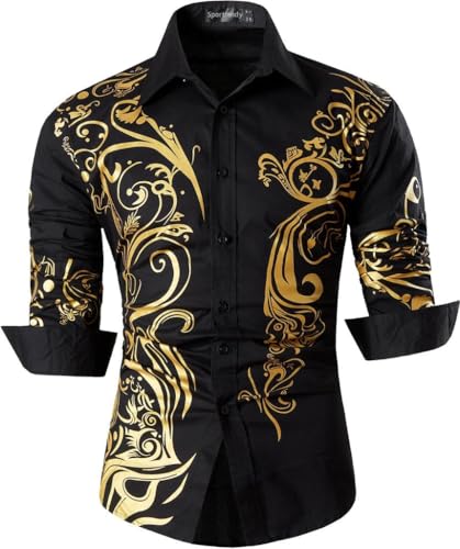 jeansian Herren Freizeit-Knopfleiste Langarm Hemd mit modischem Print Stilvoll Men Shirt K052_Black_XL