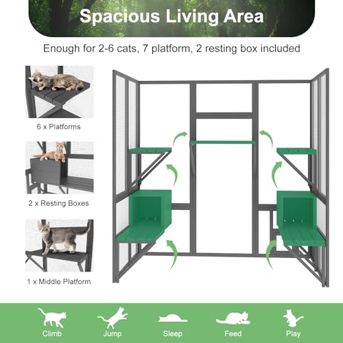 TIMHAKA Cat Catio, Large Cat House Outdoor, Outside Cat Enclosure with Sunshine Panel Roof and Waterproof Cover, Wooden Cat Cage with 7 Platforms & 2 Resting Box, Walk in Feral Cat Shelter, 72 inch