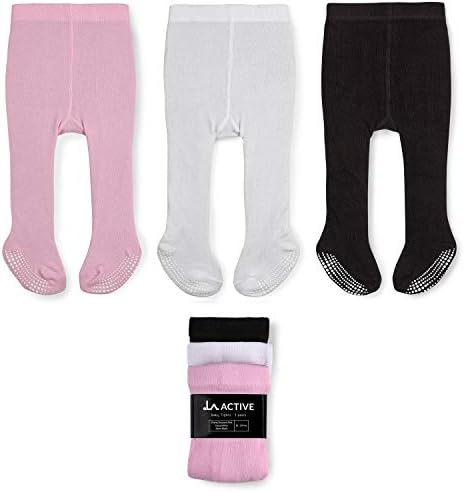 LA Active Baby Tights - 3 Pairs - Non Skid/Slip Cotton (Pink/White/Black, 2T-3T)