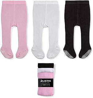 LA Active Baby Tights - 3 Pairs - Non Skid/Slip Cotton (Pink/White/Black, 2T-3T)