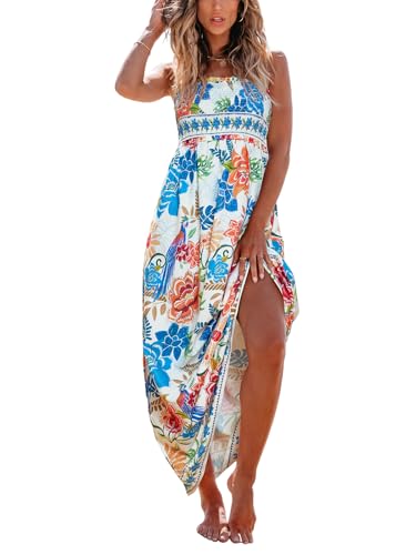 Image of CUPSHE Women's Floral Maxi Dress Spaghetti Strap Summer Boho Beach Dress Smocked Sundress Casual Vacation Flowy Long Dress