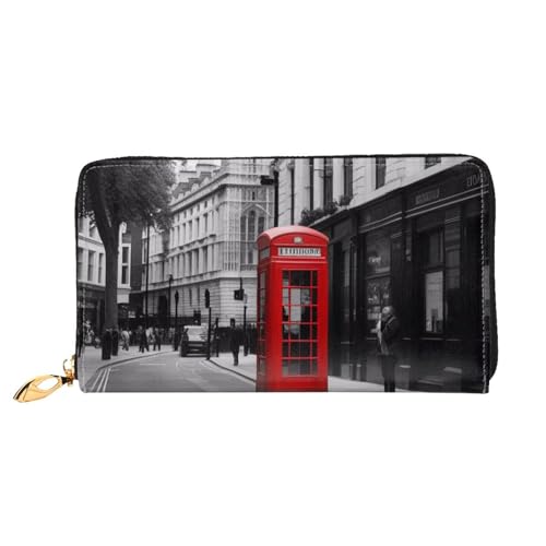 Red Phone Booth London Street Print Men and Women Leather Wallet,Long Zipper Wallet,Convenient to Carry, Various Bank Card Storage