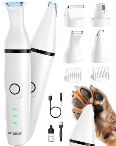 oneisall 4in1 Leise Schermaschine Hund Katze, Wiederaufladbar Hundeschermaschine&Pfotentrimmer&Krallenschleifer mit 4 Multifunktions-Schneidköpfen für Körper, Pfoten, Augen, Ohren,