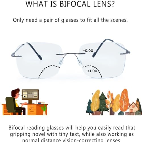 Image of Redex Rimless Rectangel Bifocal Reading Glasses Anti Glare Protection For Unisex Power Available 0.50 0.75 1.00 1.25 1.50 1.75 2.00 2.25 2.50 2.75 3.00
