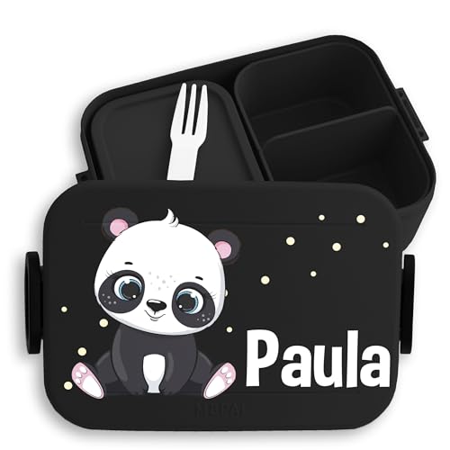 Kinder Bento Box Midi Lunchbox für Mepal Bentobox - Panda süß Padabären Pandabär - 900 ml - Schwarz - personalierte personalisierte brotdose name pandabären snackbox einteilung dose brotbox