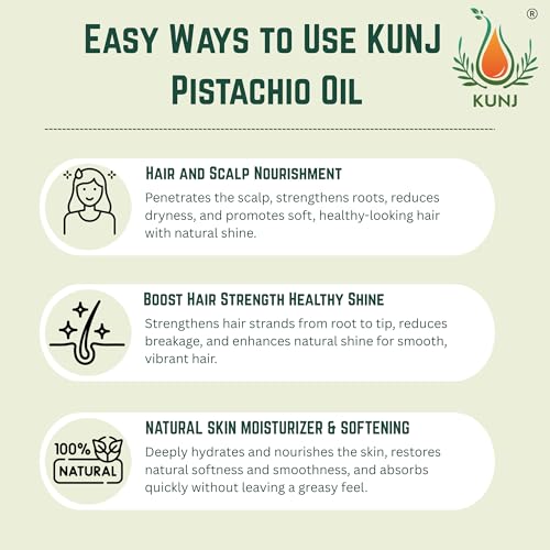 Image of KUNJ Pistachio Oil (Pistacia vera) 10ML - 100% Pure & Natural, Cold Pressed - Therapeutic Grade Oil for Skin Nourishment, Hair Care & Moisturizing