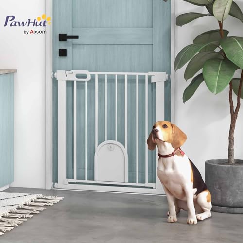 PawHut Türschutzgitter Treppenschutzgitter Hunde Absperrgitter Schutzgitter für Haustier Hundegitter Klemmbefestigung Stahl Weiß 75-82 x 76 cm