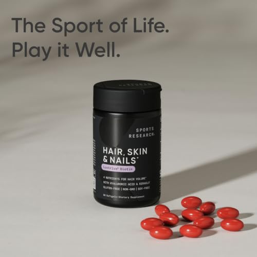 Image of Sports Research Hair, Skin & Nails Complex - Supports Hair Growth, Glowing Skin & Strong Nails - w /Lustriva Biotin, Collagen, Hyaluronic Acid & KeraGLO Keratin - Non-GMO, Gluten-Free, 60 Softgels