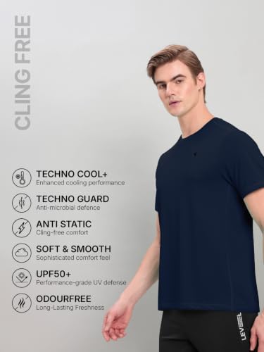 Image of TECHNOSPORT Men's Solid Slim Fit Round Neck T-Shirt TECHNOCOOL+ Half Sleeve Slip On Polyester for Gym Running Workout UPF50+ Anti Odour
