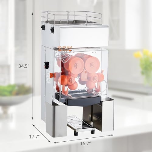 Automatic Commercial Juicer Machine, 110V Automatic Feeding Juice Extractor, 120W Orange Squeezer for 20-30 per Minute, with Pull-Out Filter Box SUS 304 Tank PP Cover and Two Peel Collecting Bucket